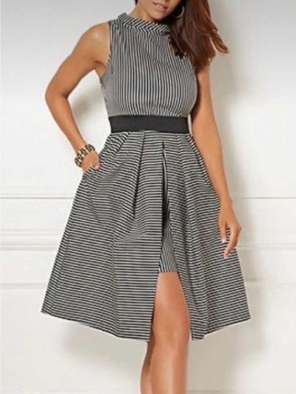Eva Mendez for New York & Company Green and White Striped Sleeveless Midi Dress - Picture 7 of 8